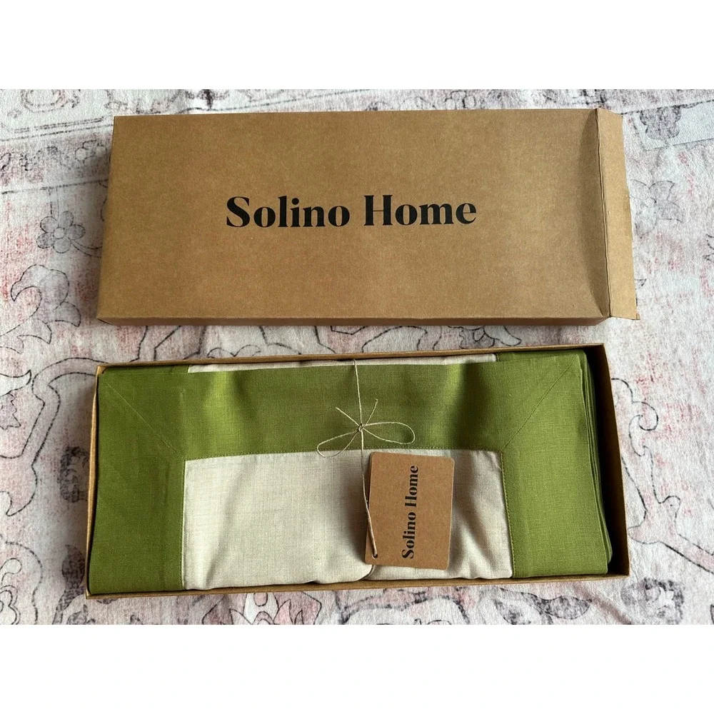 Solino Home Contempo 100% Linen Table Runner Sage Green Cream 14x120 NIB
